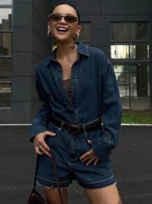 DAZY 2 件套休闲牛仔衬衫和短裤套装，秋季女装 - 深色水洗藍 - 查看 9