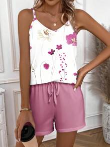 EMERY ROSE 可爱舒适的多色花卉印花套装，带口袋，适合休闲日女士短套装夏季短套装女士花卉短套装女士夏季服装背心和短裤套装 - 彩色 - 查看 3