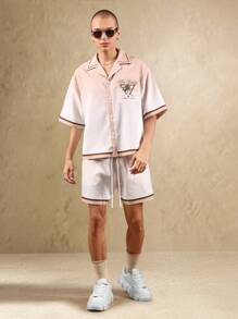 SUMWON 棕榈泉复古工作室夏季度假衬衫和短款家居服套装宽松沙滩装睡衣保龄球衫款式 - 杏色 - 查看 2