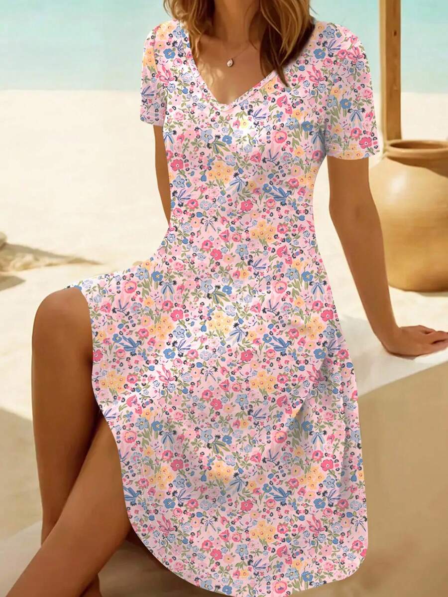 EMERY ROSE 大码女式优雅碎花V领休闲短袖连衣裙
