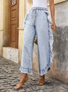 EMERY ROSE Jeans a zampa d'elefante con lavaggio effetto delavato, orlo con volant, pantaloni casual adatti per le vacanze