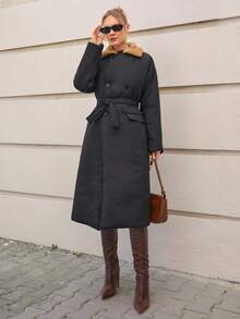 CLARA VERO Women's Thick Padded Coat, Long Length, Velvet Collar, Pockets And Oversize Style, Autumn/Winter Clothes - Black - View 3