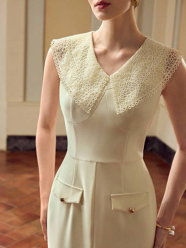 ZEYLAH Ladies' Solid Color Contrast Lace Collared Sleeveless Fishtail Hem Elegant Dress