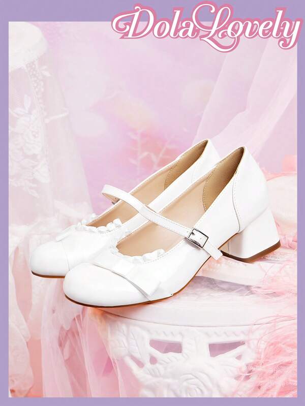 Dola Lovely Women's Bow Tie Mary Jane Shoes, Round Toe Buckle Strap Chunky Heel Pumps, Versatile White Ladies Shoes