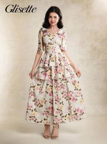 Summer Elegant Floral All-Over Print Split Hem Dress For Teen Girls - Pink - View 3
