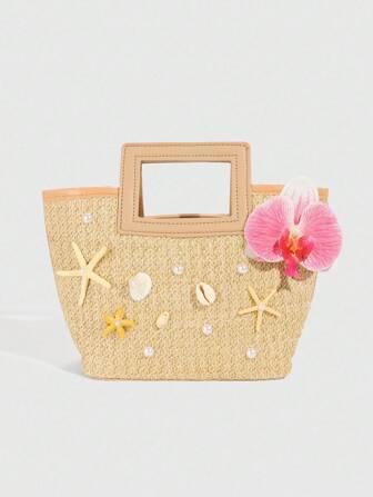 Fairycore 1pc Tropical Beach Vacation Style Orchid Decor Ladies Handbag, Outdoor Holiday Accessory Straw Woven Bag