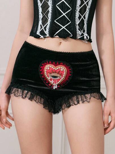 EDITION Women's Retro Palace Style Romantic Baroque Heart & Eyes Embroidered Contrast Lace Trim Velvet Fabric Shorts