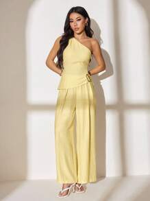 SHEIN PETITE 女士优雅纯色无袖短款上衣和长裤 2 件套，夏季夏季服装夏季服装女士海滩服装海滩度假服装女士波西米亚风热带度假女装奶油黄色 - 黃色 - 查看 3