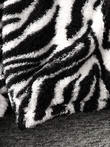 SHEIN 青少年女孩斑马条纹宽松蓬松拉链连帽衫，休闲 - 黑與白 - 查看 5