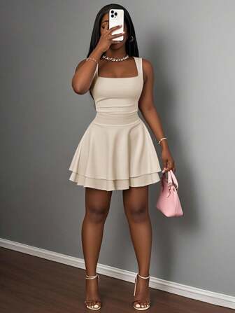 Slaydiva Women's Summer Casual Basic Sports Cute Square Neck Ruched Double Layer Flare Short Dress - D Beige Dress Mini Dress