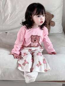 DAZY Toddler Girls' Casual Allover Print Short Sleeve T-Shirt + Full Print Long Pants Homewear Set