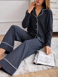 EURMUSE PLUS Women 2 Pcs Button Front With Contrast Colour Binding Detail Homewear Pajama Set - Navy Blue - View 5