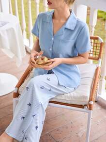 SHEIN 纯色翻领短袖上衣搭配条纹蝴蝶结裤睡衣套装