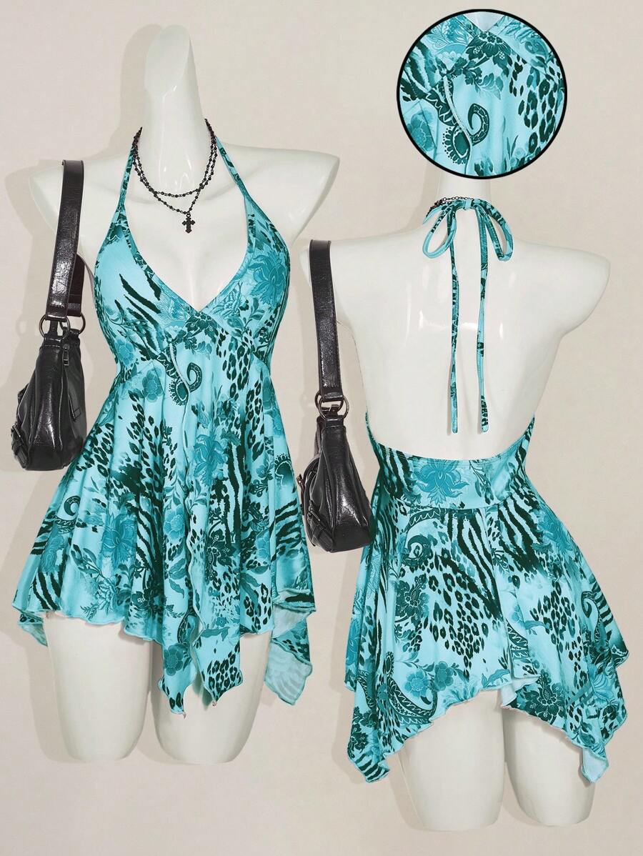 SHEIN ICON Áo hai dây hở lưng in họa tiết cổ điển dành cho nữ, áo cánh Y2k cổ chữ V phong cách Bohemian Beach Hippie Chic cho kỳ nghỉ hè - Màu xanh lam - Xem 1