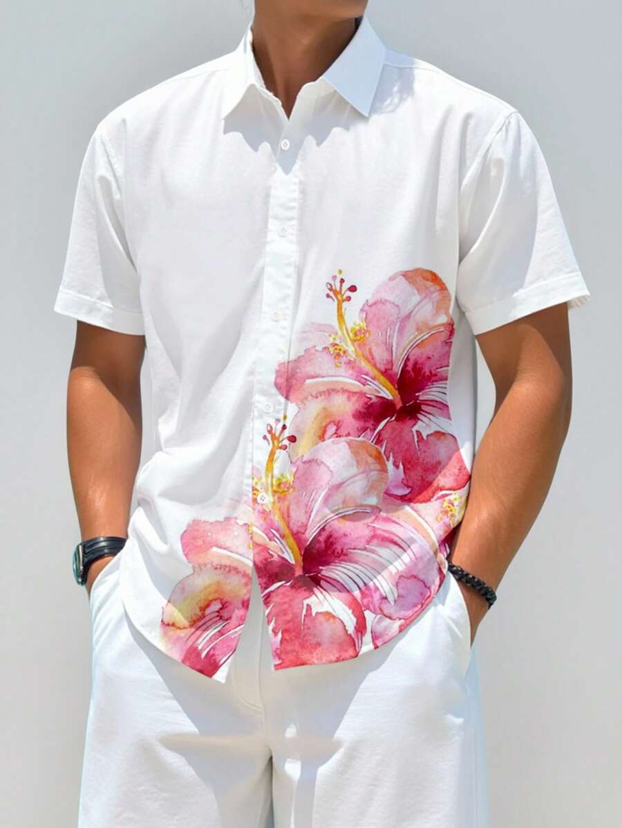 Chillumni Áo sơ mi nam tay ngắn đơn hàng khuy in hoa, mùa hè - Nhiều màu - Xem 1