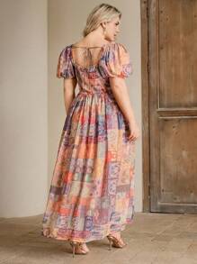 Anewsta 度假风印花带胸垫长袖A字中长连衣裙