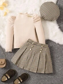 SHEIN Young Girl 3Pcs Sets Casual & Comfortable Knitted Gigot Sleeve Golden Buttons Tee & Gingham Print Skirts & Beret/Hats Outfit,Great For Casual & Daily Wear & School Daily In Summer & Autumn