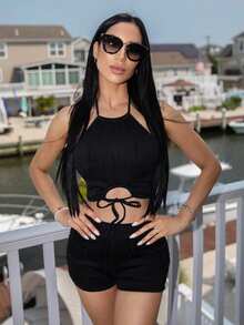 Carolina Barros 夏季海滩女式纯色露背系带上衣和平角裤休闲分体泳衣套装 - 黑色 - 查看 1