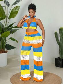 Maweii Plus Size Women 2pcs Set Rainbow Striped Halter Top And Loose Pants Knitted Suit - Orange - View 3
