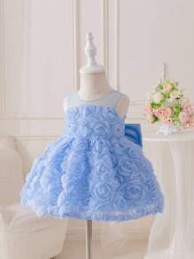 SHEIN Glamorique Kids 女婴粉色 3D 花卉连衣裙，薄纱，缎面面料，泡泡袖，大蝴蝶结装饰，珍珠点缀，适合婴儿婚礼、生日、表演 - 藍色 - 查看 4