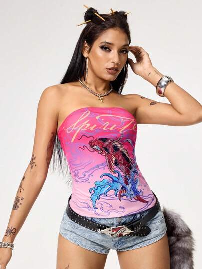 Grunge Punk Top a fascia da donna con stampa retrò di onde e lettera sfumata, dal look sexy