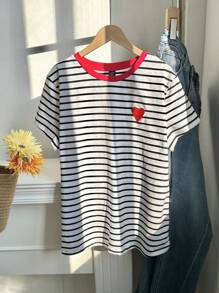 Comfortcana Plus Striped Heart Embroidery Detail Tee, Summer/Valentine's Day - White - View 3