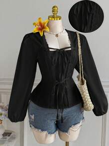 Comfortcana 春季大码女式花卉荷叶边收腰衬衫 - 黑色 - 查看 1