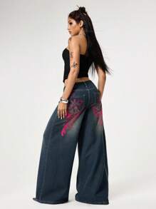 ROMWE Grunge Punk Punk Distressed Cross & Vine Embroidery Washed Loose Straight Leg Extra Long Jeans Pants