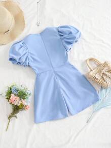 SHEIN Tween Girl 3D Bow Accent Puff Sleeve Romper - Blue - View 7