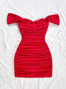 Soleia Đầm ôm sát vai hở vai dệt kim màu đỏ ngày lễ cho nữ, thiết kế hở lưng khoét sâu, thích hợp cho kỳ nghỉ, hẹn hò, trà chiều, mùa cưới, bãi biển, khu nghỉ dưỡng, phong cách Boho, lễ hội âm nhạc - Đỏ - Xem 2