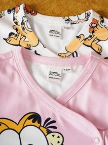 GARFIELD | SHEIN Set de 2 bodys de manga corta con botones y estampado de dibujos animados para bebé niña en verano - Rosa - Ver 5