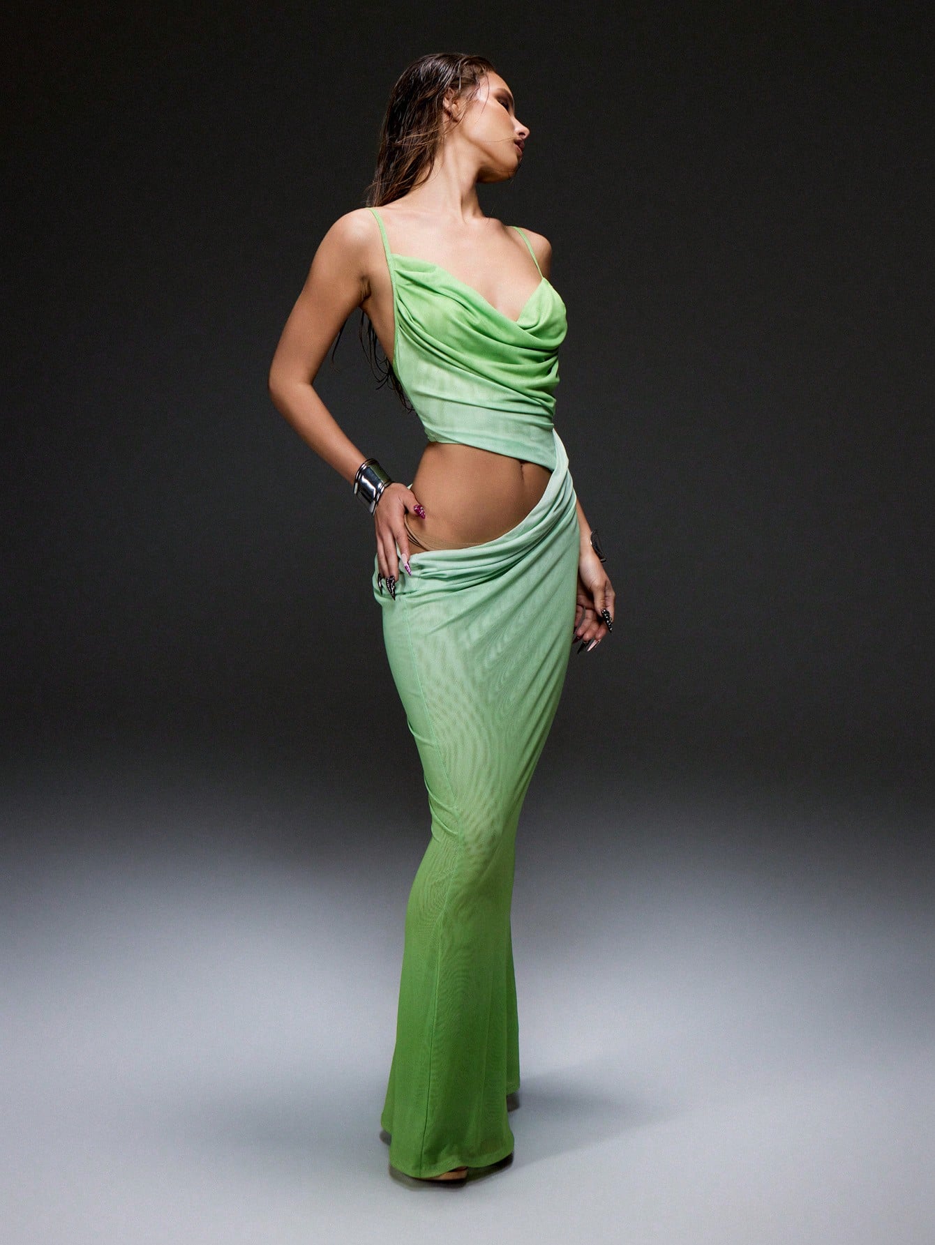 KIZN Cowl Neck Draped Mesh Cut Out Maxi Dress