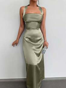 EURMUSE Solid Halter Neck Backless Satin Maxi Dress - Mint Green - View 4