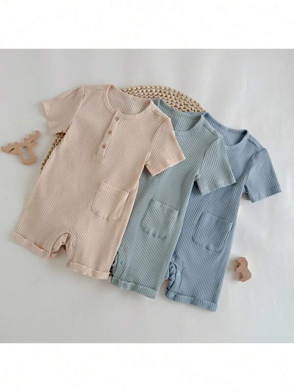 Loomiva Set de 3 piezas de mono de manga corta de cuello redondo y pantalón corto de bebé niño de unicolor y tejido suave, versátil y cómodo