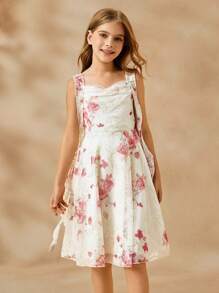 SHEIN Tween Girls' Floral Print Ruched Fancy Party Dress - Apricot - View 5