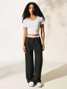 SHEIN EZwear Ladies' Casual Striped Wide-Leg Colorblock High Waist Suit Pants In Fall/Winter - Black and White - View 3