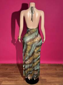 Slaydiva 2025 Frühlings-/Sommer Neues Boho Musikfestival, Ostern, Western, nomadischer Stil langes Kleid für Geburtstagsparty, Abschluss, Studenten Alltag, Lässig, Urlaub, Kreuzfahrt, Strand, Sonnenanbetung, sexy grünes Tierdruck Mesh trägerloses rückenfrei High Slit Maxikleid für Damen