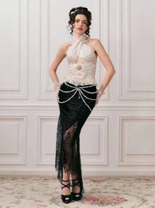 ROMWE EDITION Top de mujer con tejido jacquard vintage con decoración de perlas