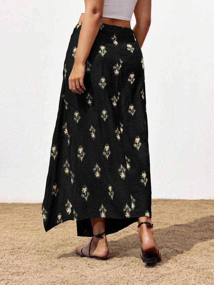 SHEIN Maija 2025 Plus Size Asymmetrical Print Twist Design Skirt, Comfortable Casual Versatile, Suitable For Spring/Summer, Festivals, Beach, Side Slit, Women Beach Vacation