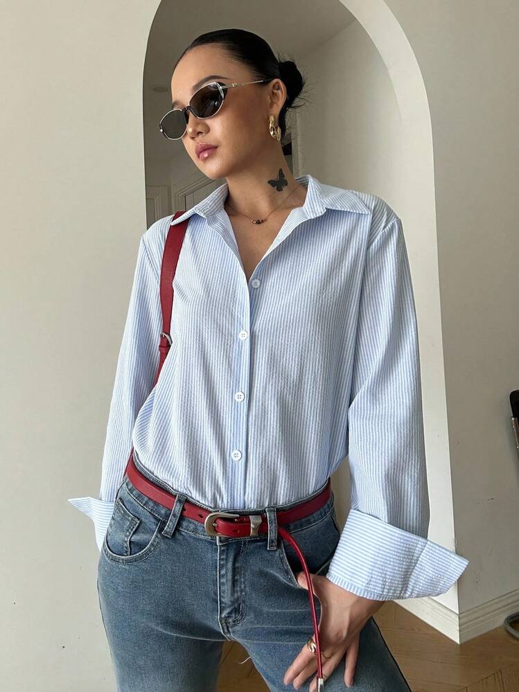 DAZY Camicia a maniche lunghe a righe da donna, alla moda e adatta per l'estate e l'autunno - celeste - Visualizzare 7