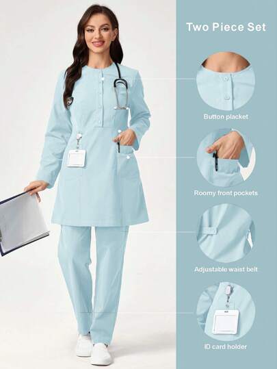 TaskEZ Solid Color Round Neck Long Sleeve Pocket Top And Pants Scrub Uniform Set
