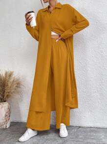 SHEIN LUNE Bộ 2 món/Bộ đồ nữ dài tay đơn hàng khuy đơn màu trơn dài tay và quần âu thường ngày - Màu vàng - Xem 3