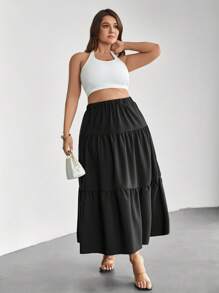 Firerie Plus Size Women's Romantic Multi-Layers Long A-Line Skirt, Black Umbrella Hem Layered Skirt, Summer Outfit For Travel, Holiday, Date