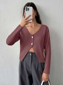 EURMUSE Women Solid Color V-Neck Front Button Drop Shoulder Cardigan,Long Cardigans Woman,Petite Cardigans,Cardigans - Dusty Pink - View 4