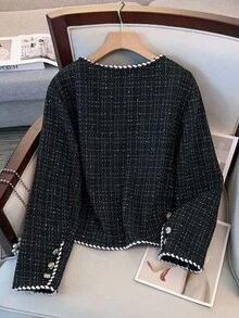 GlowEve CURVE 大码秋冬精致优雅撞色丝带和金属装饰纽扣夹克 - 黑色 - 查看 2