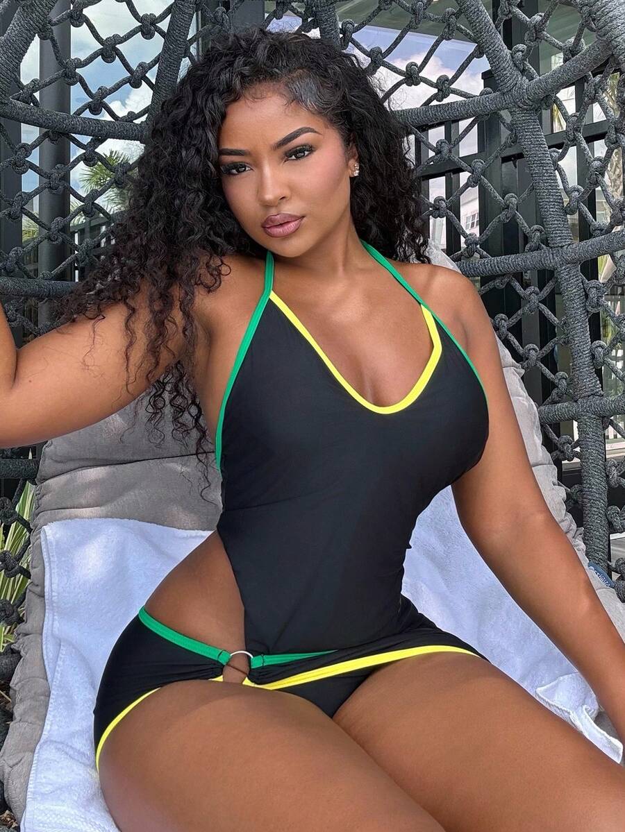 Alexandranx 2 chiếc váy liền thân thanh lịch màu trơn mùa hè cho nữ có dây đeo vai và viền nhiều màu - màu đen - Xem 1