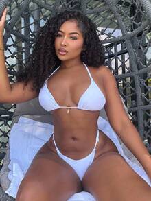 Alexandranx Women's Solid Color Metal Pendant Necklace & Sexy Thong Bikini Set, Summer - White - View 4
