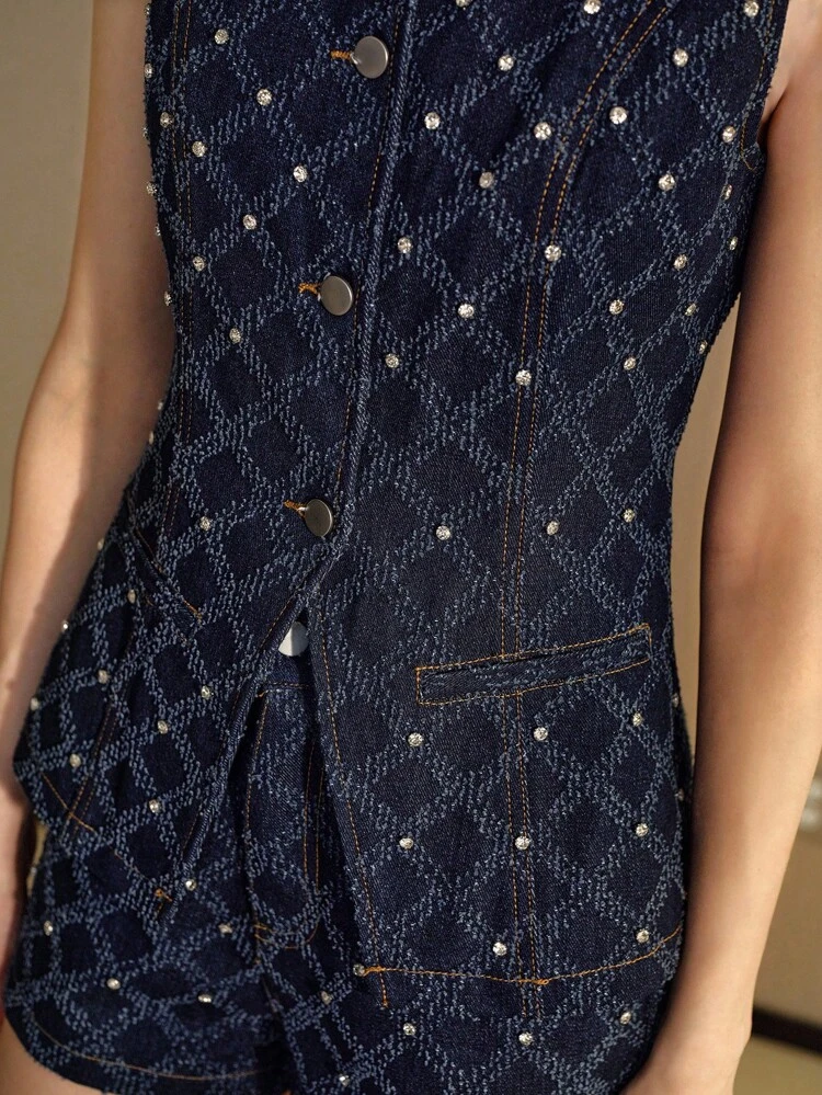 REFINED CASUAL TEXTURED DENIM FITTED WAIST TOP