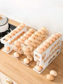 SHEIN 1 pieza Dispensador transparente de 3/4 niveles deslizante para huevos, soporte automático a prueba de roturas para refrigerador y encimera, fácil de limpiar, lavable, equipo de suministro industrial de alimentos, estante de almacenamiento en la puerta lateral del refrigerador para organización de la cocina, caja de almacenamiento de huevos