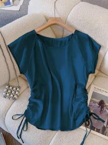 Franclia Elegant Round Neck Raglan Short Sleeve Elastic Satin Drawstring Hemline Women's Blouse, Suitable For Spring And Summer Clothes For University - Blue - View 7